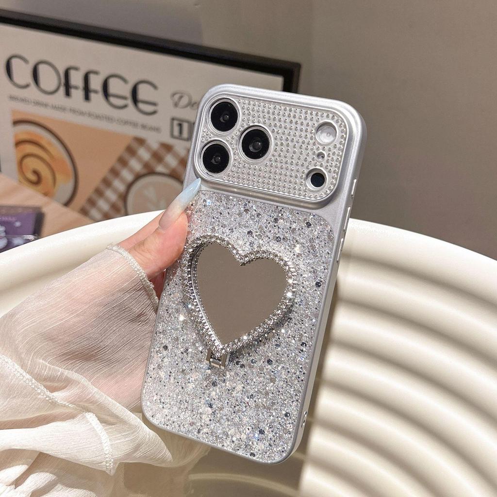 Apple 17 Pro Max High-End Rhinestone Mirror Stand Case for Women - Drop-Proof, Stylish Fit for 16 Pro and 15/14/13 Series.