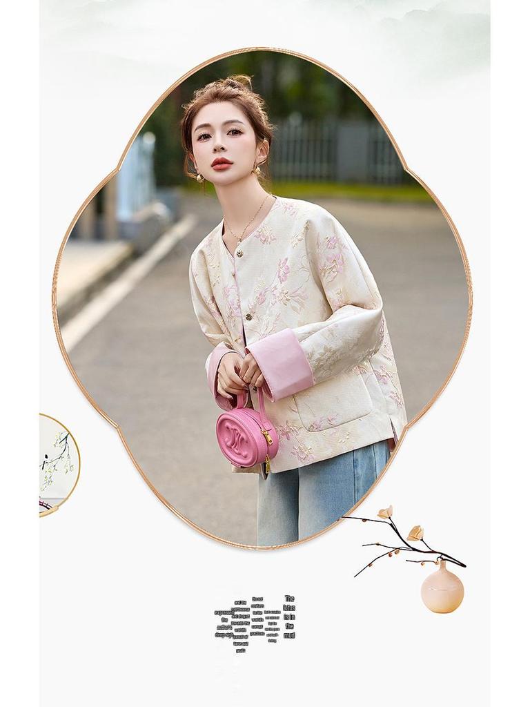 Retro Chinese Jacquard Frog Button Round Neck Jacket - Spring 2025 Collection