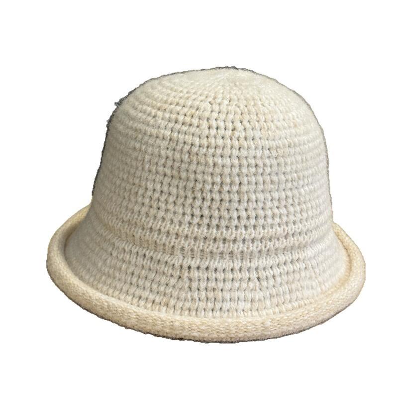 Solid color simple hat women's autumn new knitted bucket hat big head circumference curling edge shows small face versatile basin hat