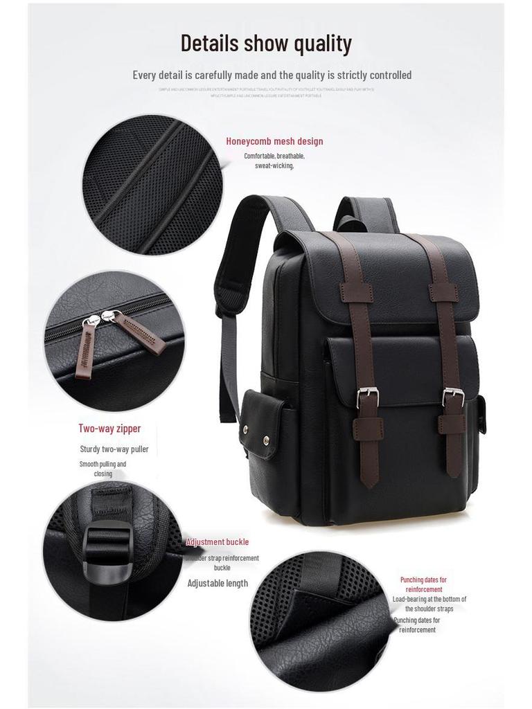 Large-Capacity PU Leather Backpack for Business, School, and Travel
