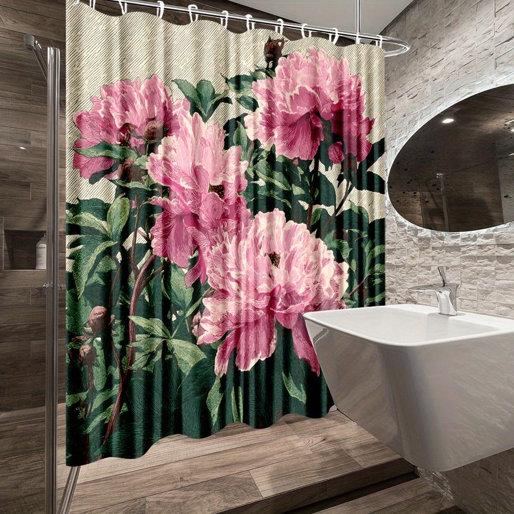 1Pc Elegant Floral Shower Curtain - Bathroom Decor With Pink Peonies & Green Foliage, Extra Long 70X70 Inches, Includes 12 Hooks