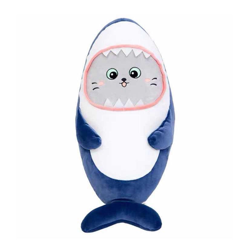 Cute Shark Plush Pillow With Cat Face Stuffed Animal Blue/grey 30/60cm Super Soft Short Plush