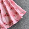 Gentle Pink Green and Yellow Embroidered Print Drop-Shoulder Shirt Dress for Women Summer Button-Down Belt Slim Midi Dress