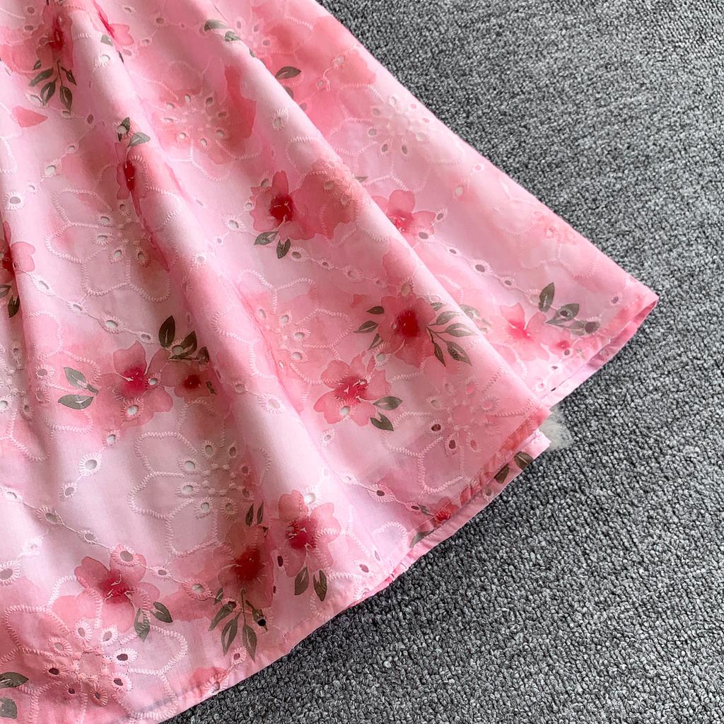Gentle Pink Green and Yellow Embroidered Print Drop-Shoulder Shirt Dress for Women Summer Button-Down Belt Slim Midi Dress