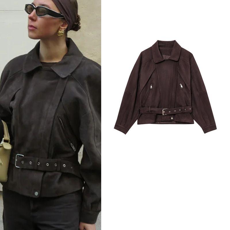 Spring and Summer New Women's Clothing Loose Polo Collar Long Sleeves Suede Locomotive Style with Belt Short Jacket