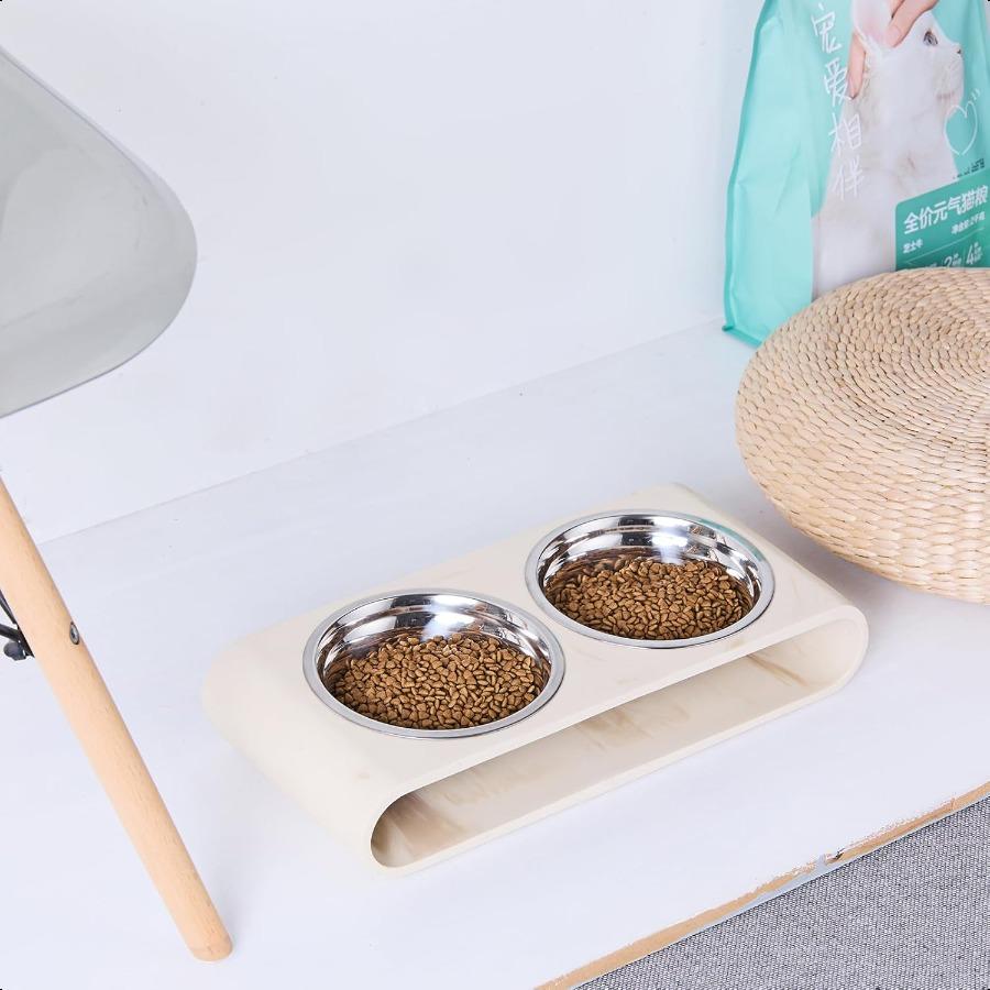 Beige Marble Elevated Dog Bowls Set 2 Thick 6 Stainl Steel Puppy Food Bowl with NonSlip Raised Holder Stand Double Feeding Bowl