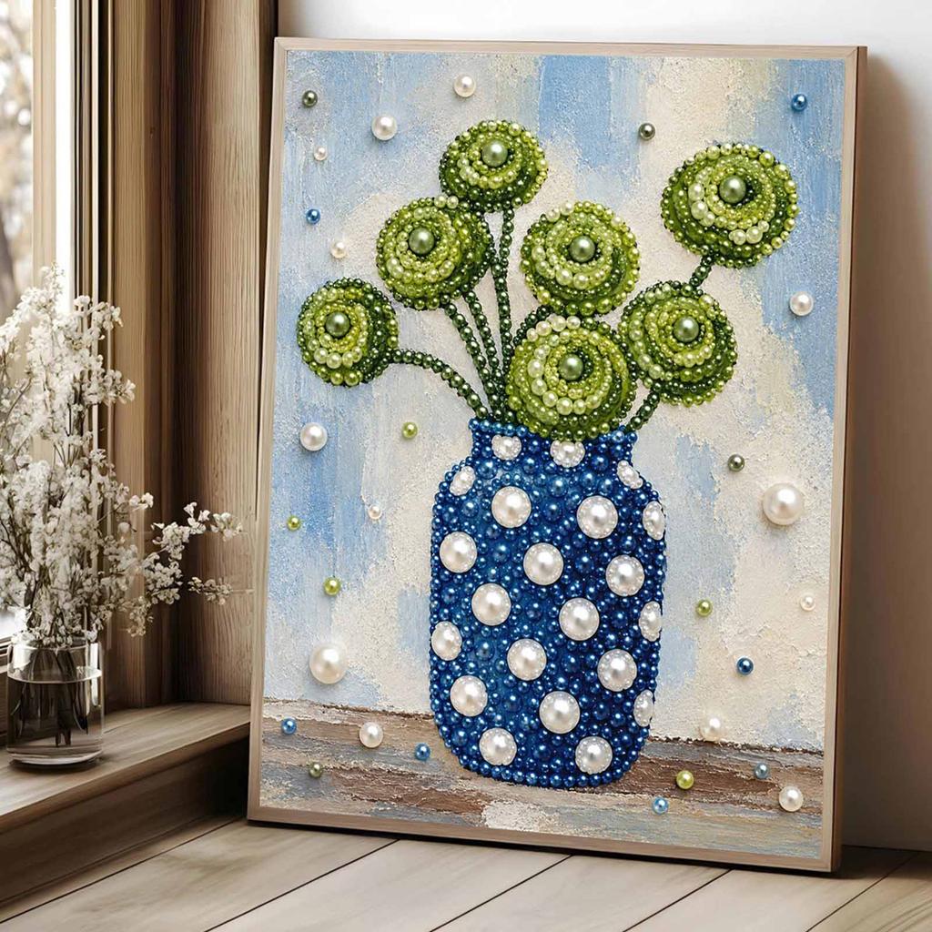Elegant Framed Pearl Art DIY Set with Green Flower Vase 5D Sparkling Bead Canvas Painting Ready to Display Romantic Home Decor Gift