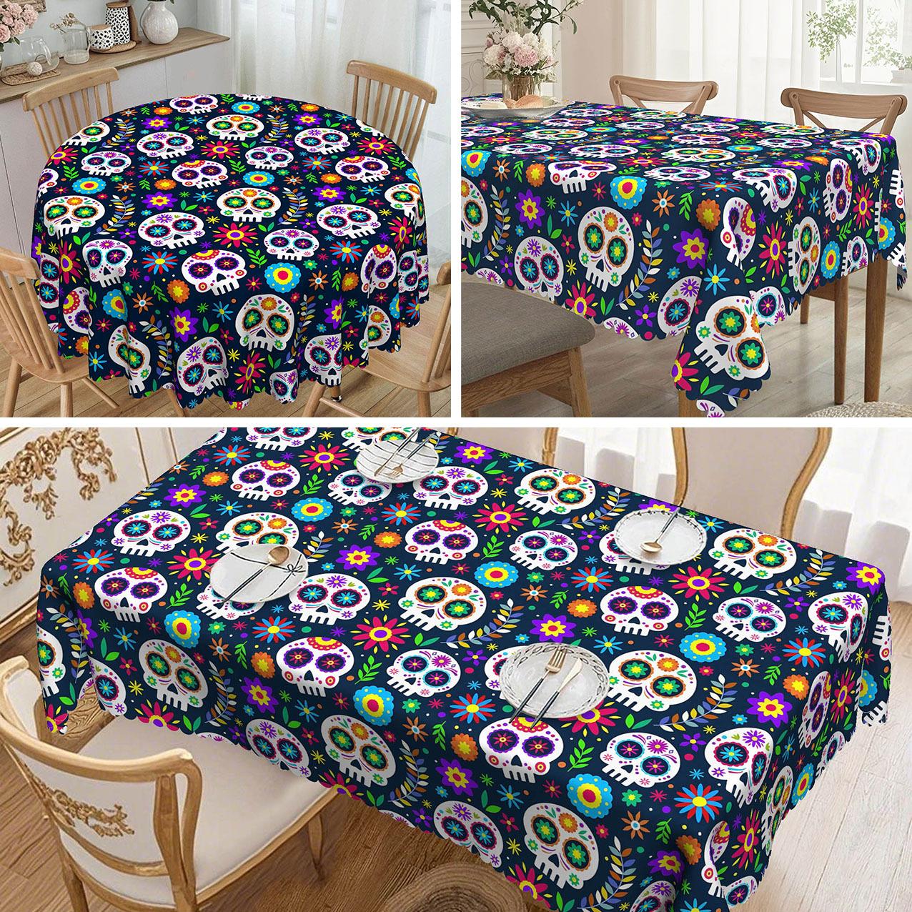 

1 Piece Of The Day Of The Dead Cinco De Mayo Tablecloth, Available In 4 Sizes, Colored Skull, Suitable For Dining Tables Round tablecloth-152x152cm
