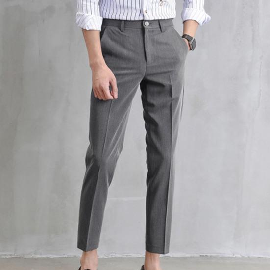 Men Suit Pants Solid Color Classic Slim Fit Straight Pattern Mid Waist Business Trousers Office Clothes