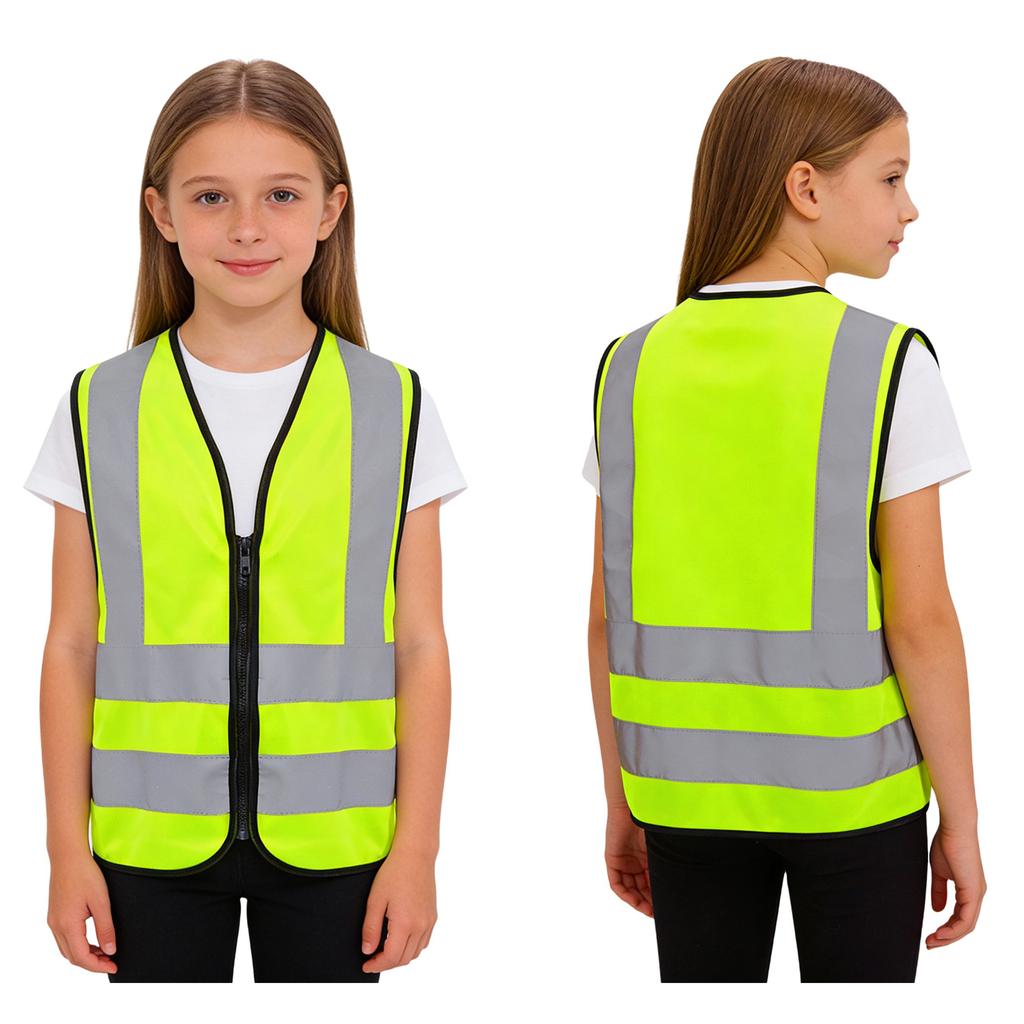 Unisex Kids Safety Vest L-3XL: High Visibility Reflective Sleeveless Zipper Waistcoat for Volunteer Activities & Outdoor Work