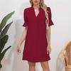 2023 Women's Solid Color V-Neck Loose Pleated Dress with Five-Point Sleeves