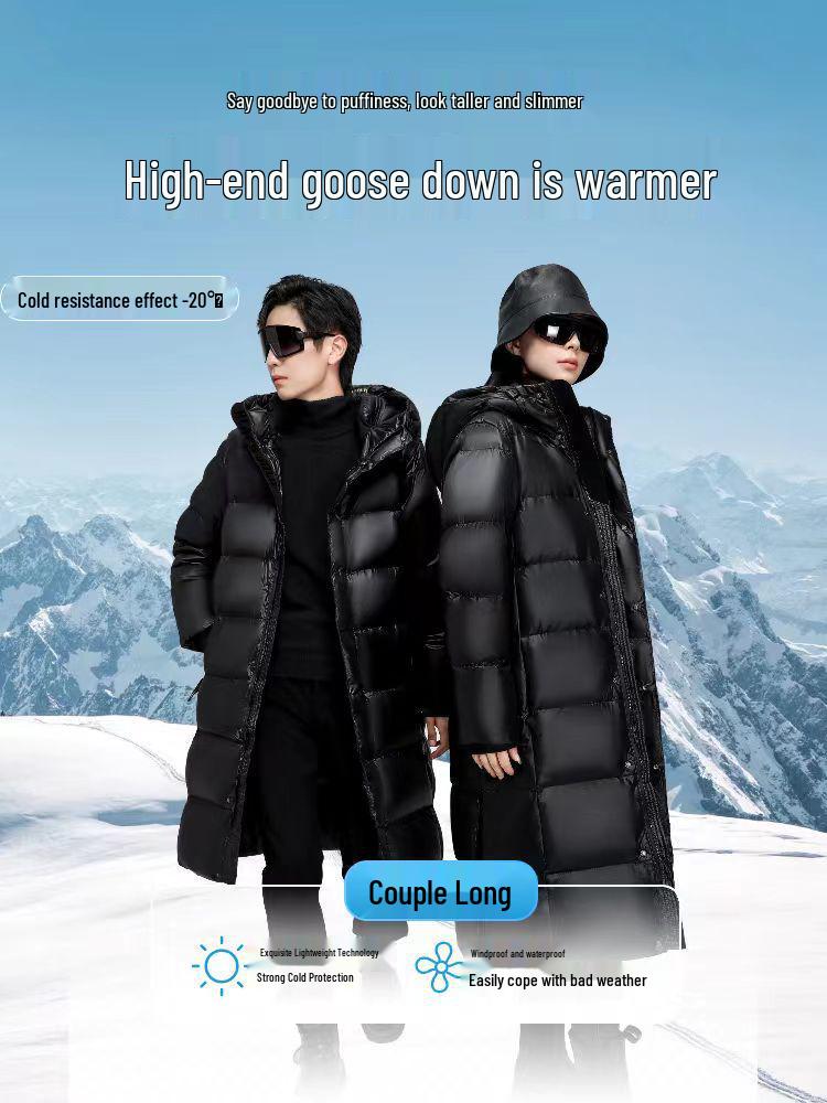 Black Gold Couple's High-End Hooded Long Down Jacket - Unisex, Over-the-Knee, Winter Warmth
