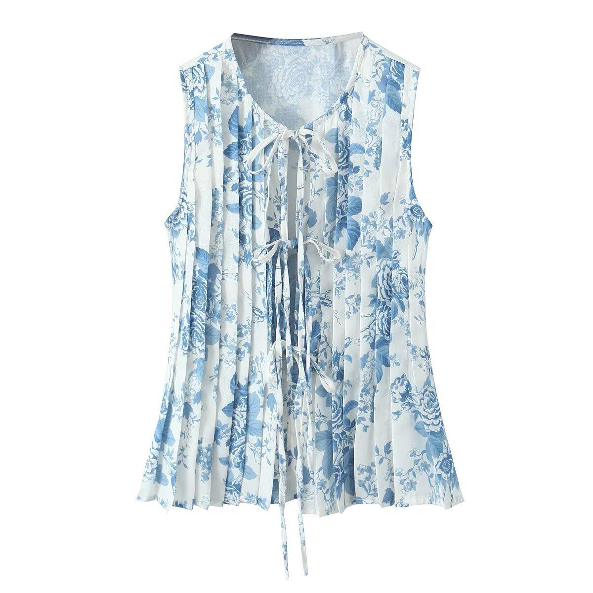 

2024 Women s European & American Style Pleated Print Tie-Up Vest Cardigan Large цветочный/синий