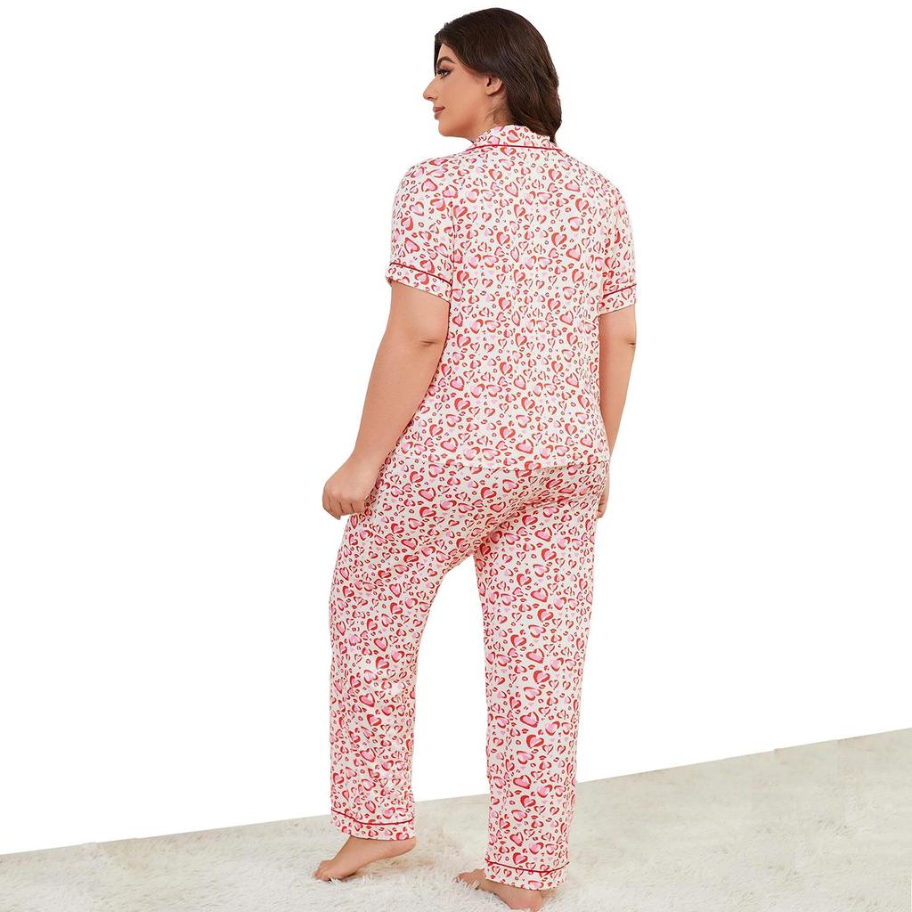 Women’s Plus Size Pajamas Heart Printed Short Sleeves Lapel Button-up Shirts Long Pants 2pcs Sleeping Suits Spring Summer Home Casual Wear