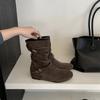 Vintage Pleated Pile Boots Women's Autumn New Belt Buckle Western Cowboy Boots Slim Short Martin Boots