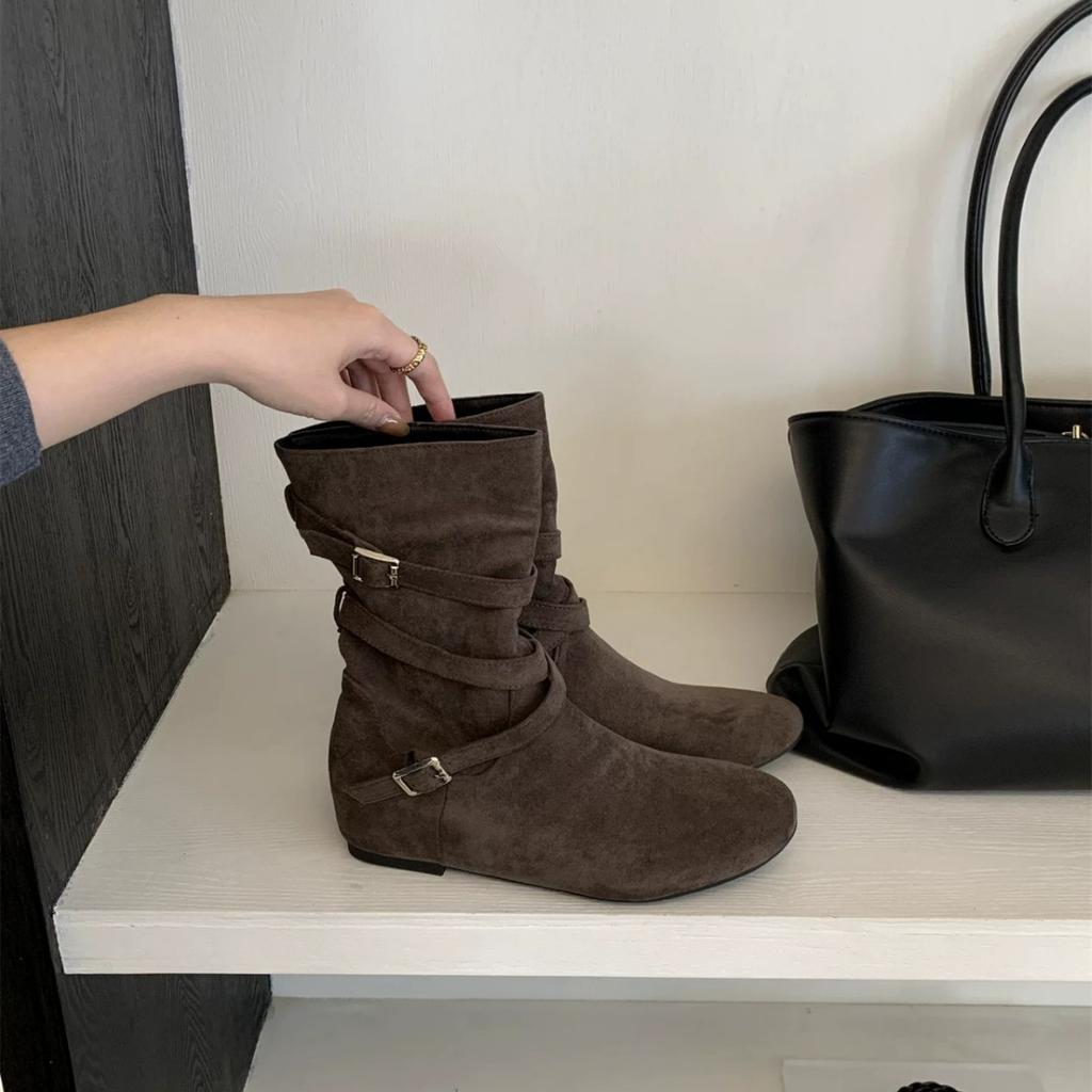 Vintage Pleated Pile Boots Women's Autumn New Belt Buckle Western Cowboy Boots Slim Short Martin Boots