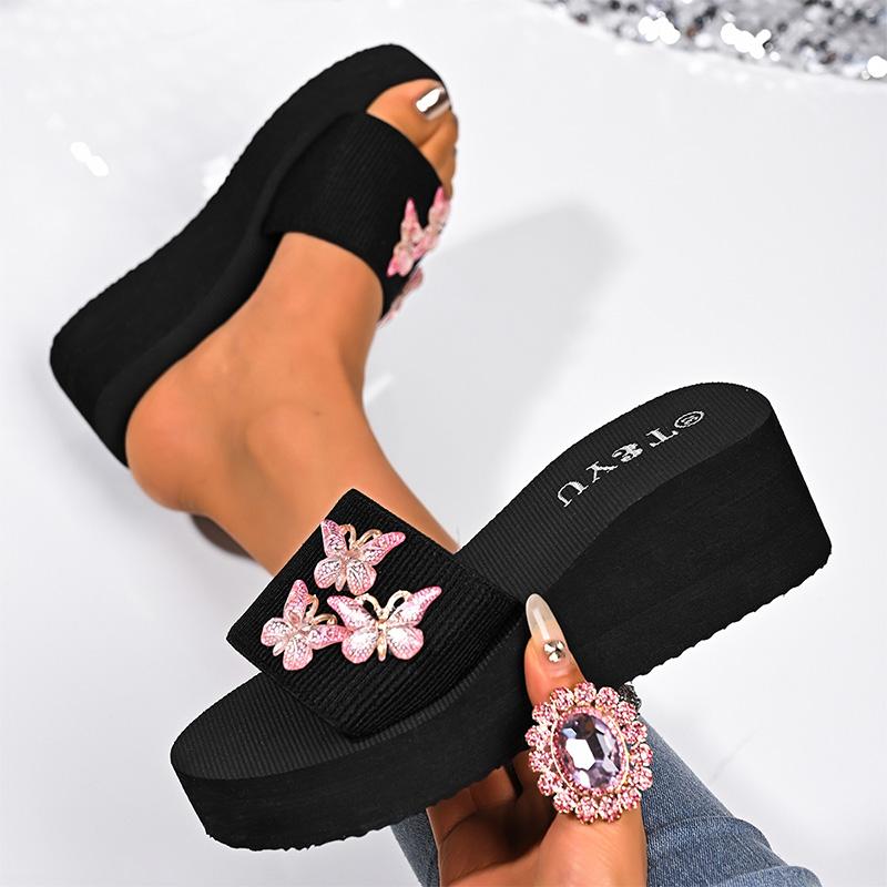 Butterfly Metal Decor Wedges Sandals  Women Thick Sole Non Slip Casual Slippers Woman Summer Plus Size Chunky Platform Slippers