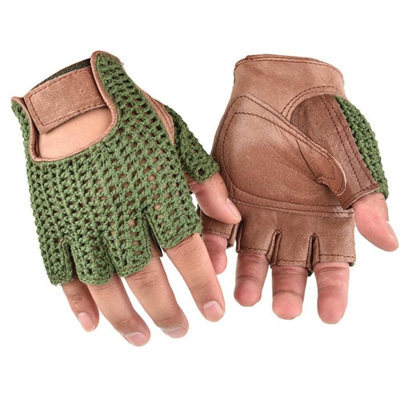 1 par de Guantes de Lana y Cuero para Hombre de Medio Dedo, Mitones para Fitness, Guantes para Ciclismo al Aire Libre y Fitness