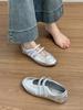 Cowhide flat-bottomed silver Mary Jane shoes women's genuine leather retro Velcro ballet single shoes casual sports training shoes