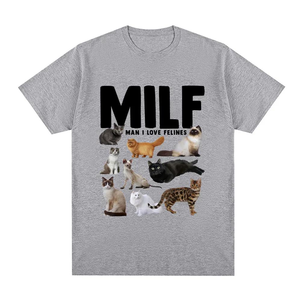 MILF Man I Love Felines Fun Meme T-shirt with Cat Lover Pattern Print Casual Short Comfortable Casual Pure Cotton T-shirt