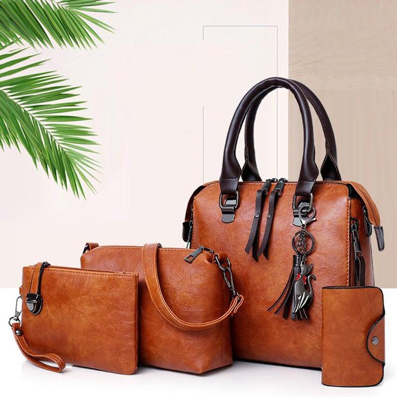 New women's bag, retro messenger bag, fashion child and mother bag, oily leather shoulder four-piece set, women's handbag.