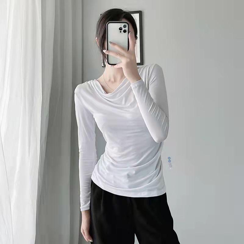 Fashion Women Spring Autumn Thin Mesh Blouse Stacked Neck Slim Fit Long Sleeve Base Layer T Shirt
