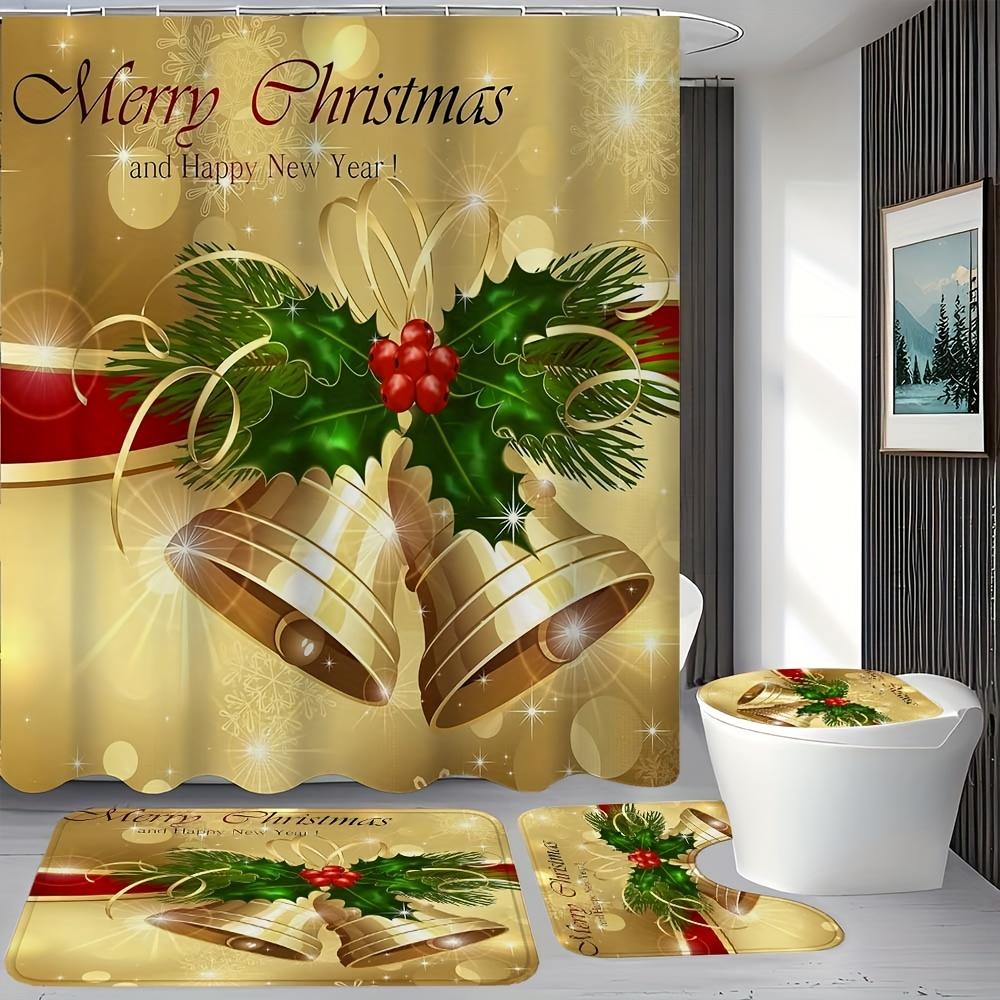 4Pcs Bathroom Shower Curtain Set Golden Christmas Bell Pattern Bathroom Curtain With 12 Hooks Non Slip Rugs Toilet Cover Mat Bathroom Partition