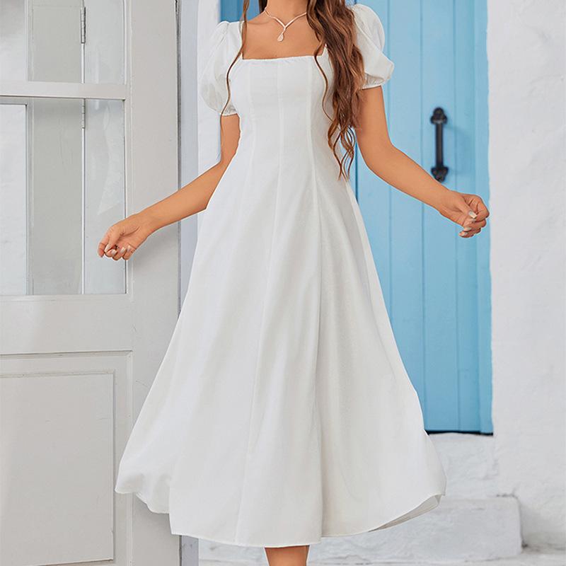 Four-sided Elastic Dress, European and American Sexy Backless Square Neck Short-sleeved A-word Medium and Long Pleated Dress