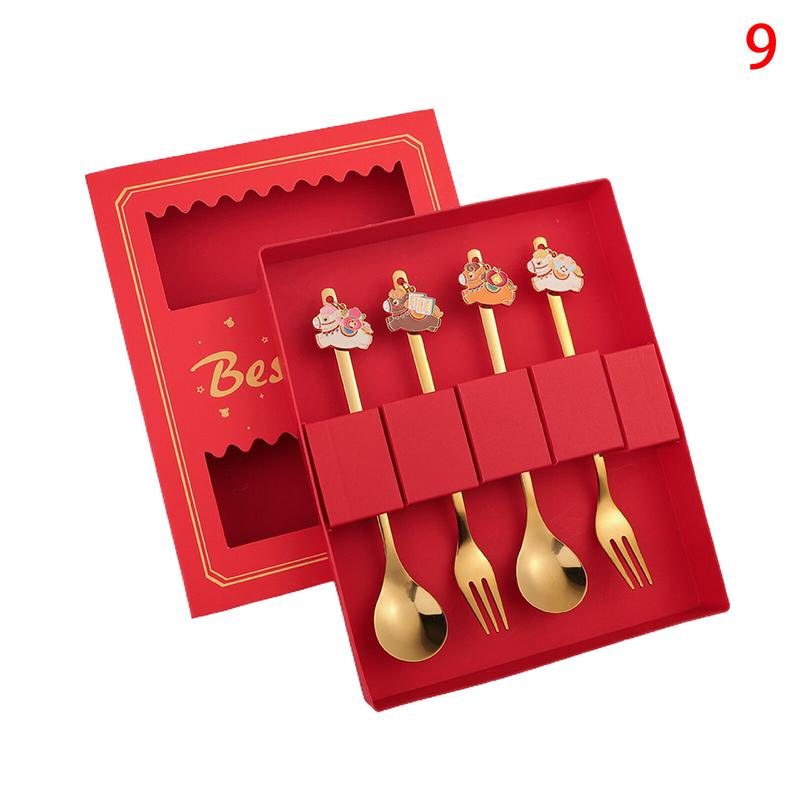 Year Of The Horse Chopsticks Spoons Set Gold Chinese  Year Stainless Steel Spoon Dessert Forks Decoration For Tableware