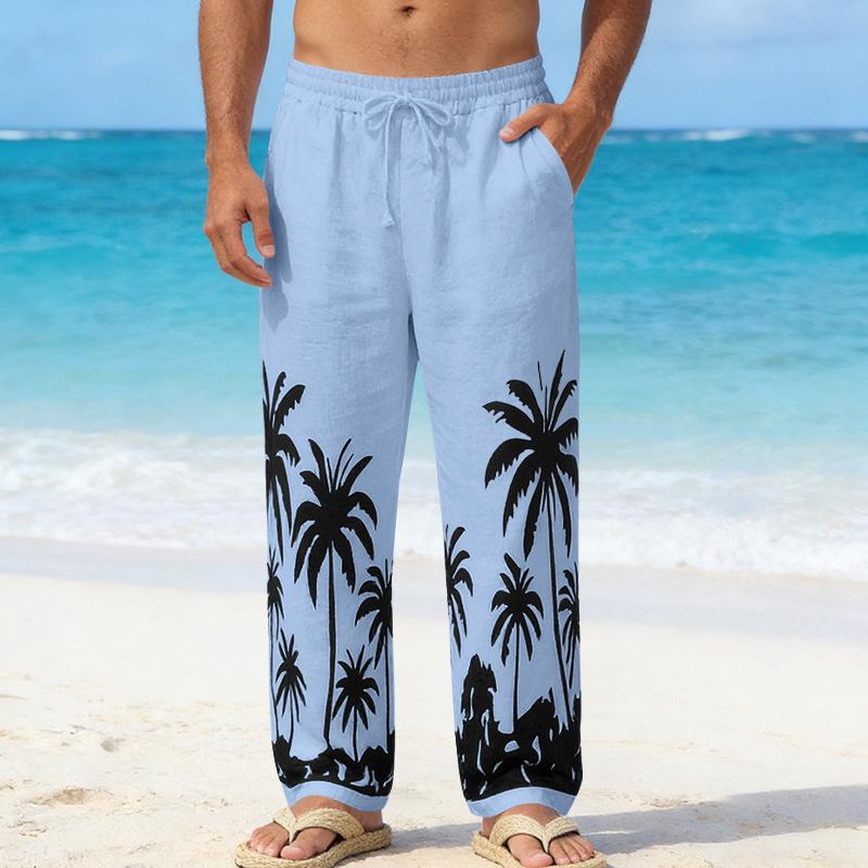 Four Seasons Men's Relaxed Fit Beach Resort Casual Printed Straight-Leg Linen Trousers