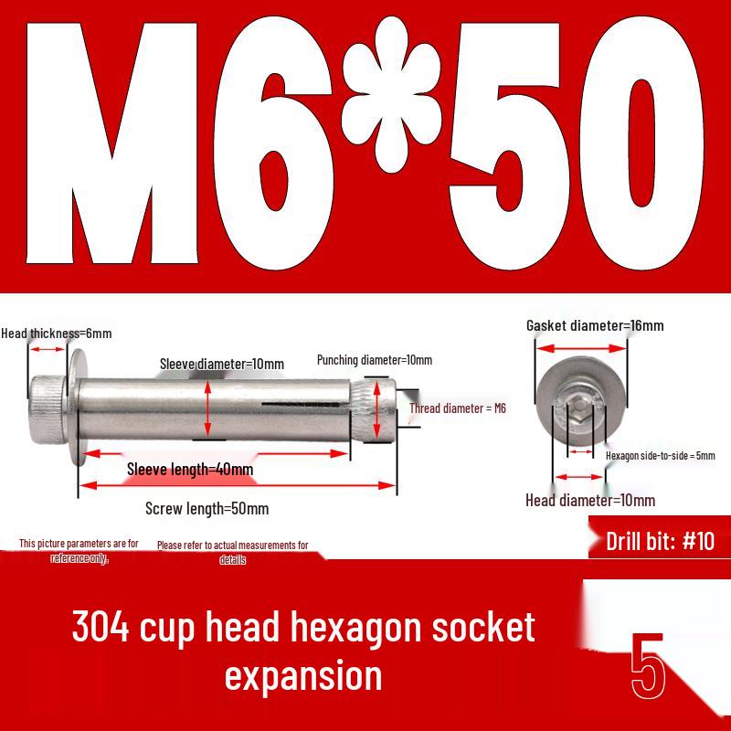 304 Stainless Steel Hex Socket Expansion Bolt M6/M8/M10 X 60/70/80/90