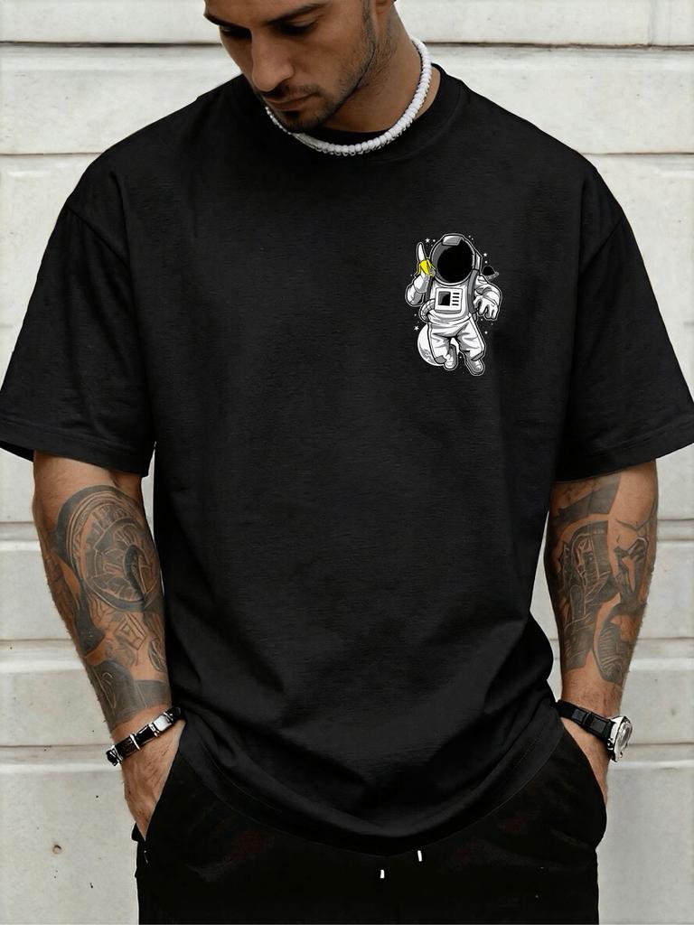 Unisex Crew Neck Tee Mini Astronaut Pocket Pattern Print Short Sleeve Oversized Male Daily Casual Soft Breathable Basic Wear Tee
