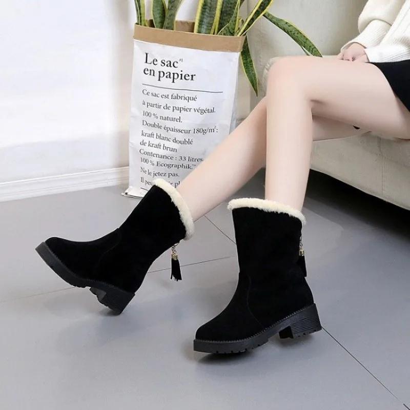 Fashion Elegant With Low Heels Mid Calf Half High Plus Warm Snow Boots for Women Fashion No Slipery New Rock on Slip Chic Pu Woman Shoes