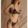 2 Piece Erotic Lace Bow Lingerie Set See-through Mesh Halter Bra And Thongs Bikini Set Women Sexy Hot Seduction Underwear Set