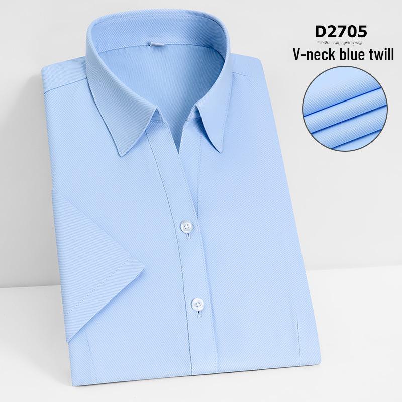 Camisa Social Feminina Slim Fit de Manga Curta - Branca com Listras Azuis, Sem Ferro, Gola V.