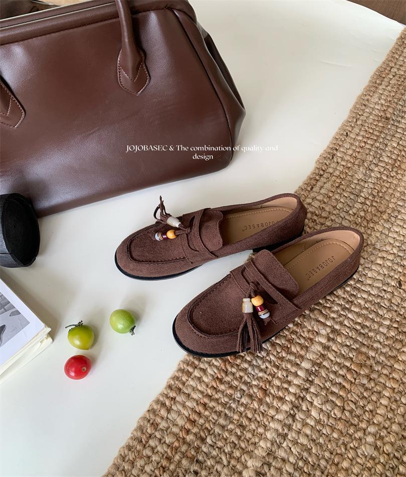 Boken Shoes Women's 2025 Autumn New Soft-soled Suede One-pedal Loafers Beaded Tassel Fashion Versatile Single Shoes