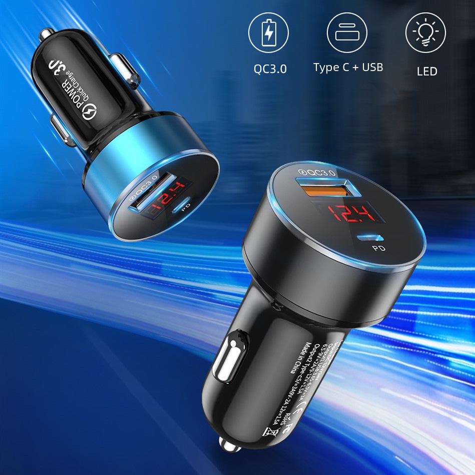 Multifunctional QC3.0 & PD Fast Charging USB Car Charger with Digital Display