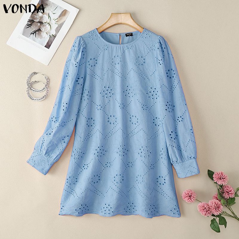 

VONDA Женское повседневное мини-платье с круглым вырезом, кружевной вставкой и коротким рукавом 5XL синий