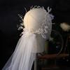 Bridal Veil with Boho Flower Crown One Layer Cut Edge Tulle Petite Beads Decorated Loop Short Veils for Flower Girls