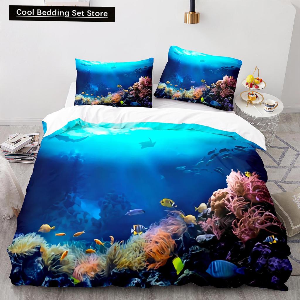 Underwater World King Queen Duvet Cover Cartoon Ocean Animal Bedding Set for Kids Fish Coral Sea Life Soft Polyester Quilt Cover