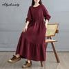 Korean Style Plus Size Spring Autumn Women Midi Dress O Neck Red Green Brown Burgundy Oversized Dress Lace Up Embroidery Cotton Dress
