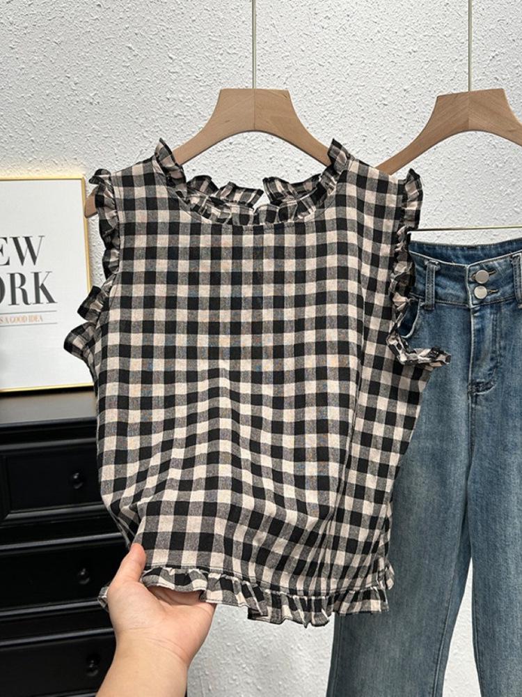 Women's French Retro Plaid Sleeveless Top - Summer Fashion with Ruffled Hem and Tie-Up Open Back