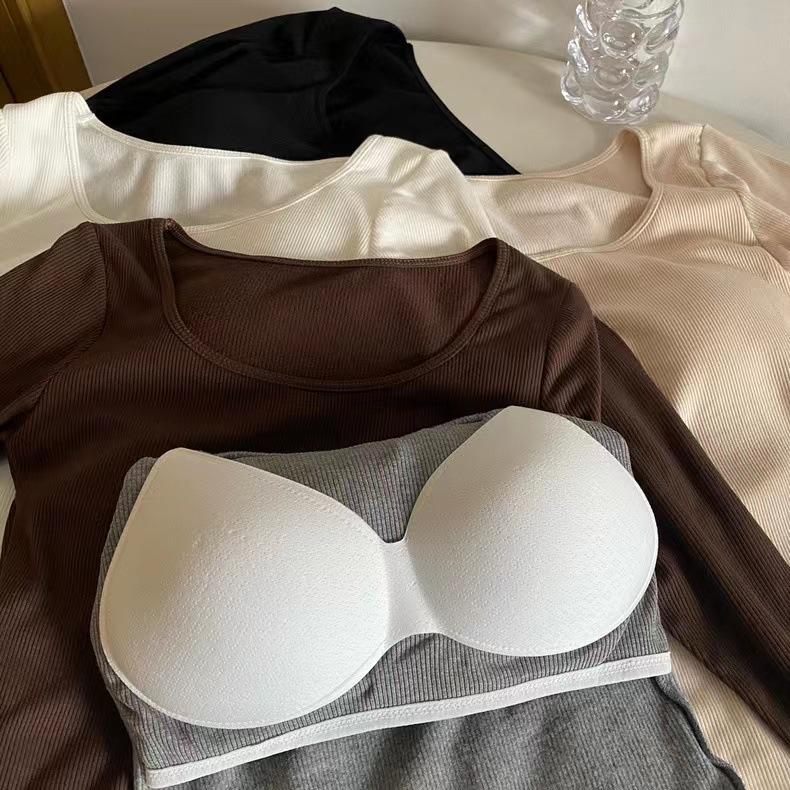 Korean Style Slim Fit Square Neck Brushed Velvet T-Shirt with Chest Pads for Autumn and Winter