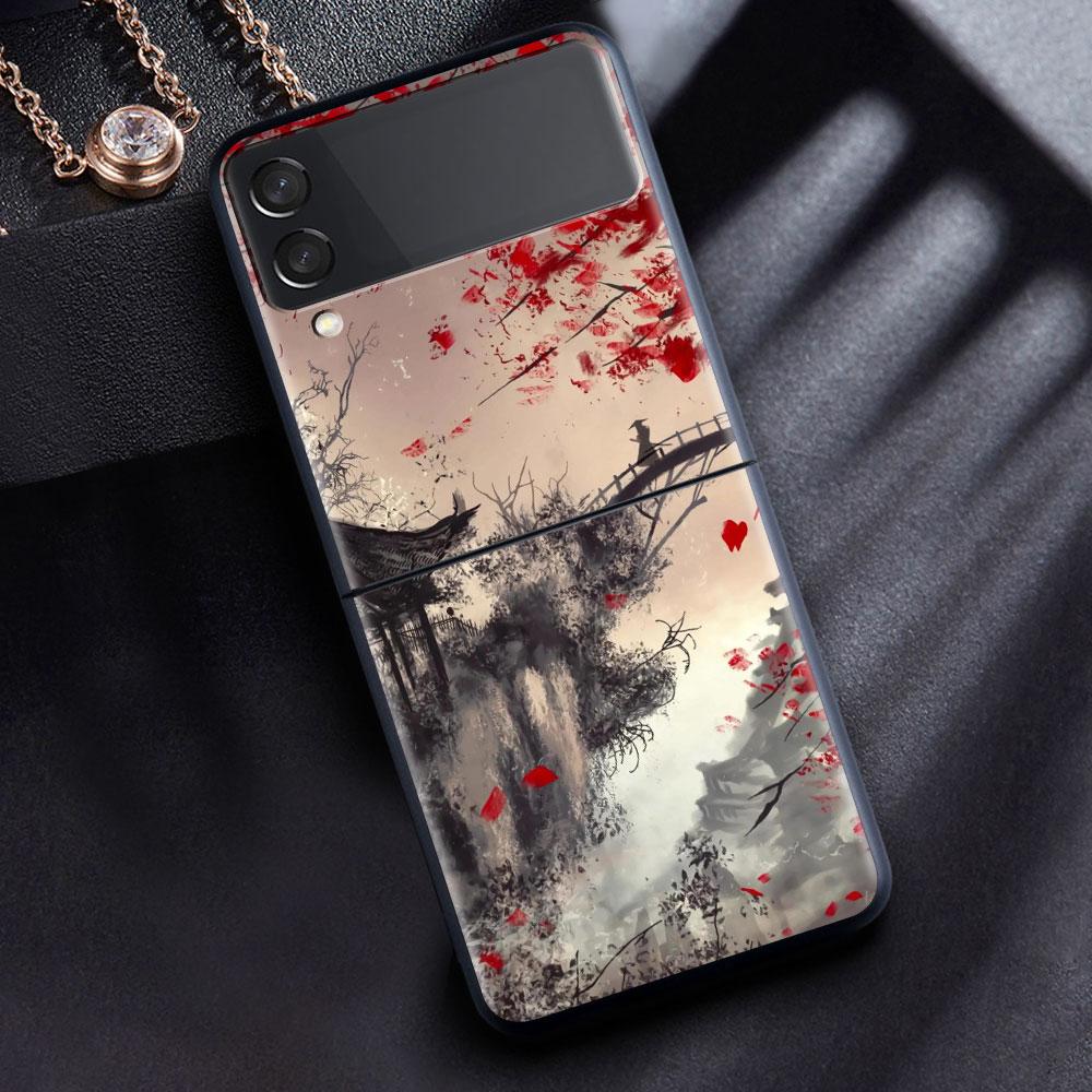 Case For Samsung Galaxy Z Flip 3 4 5G Black Hard PC Phone Housing Z Flip4 Segmented Cover Landscape Ink Painting Japan Samurai