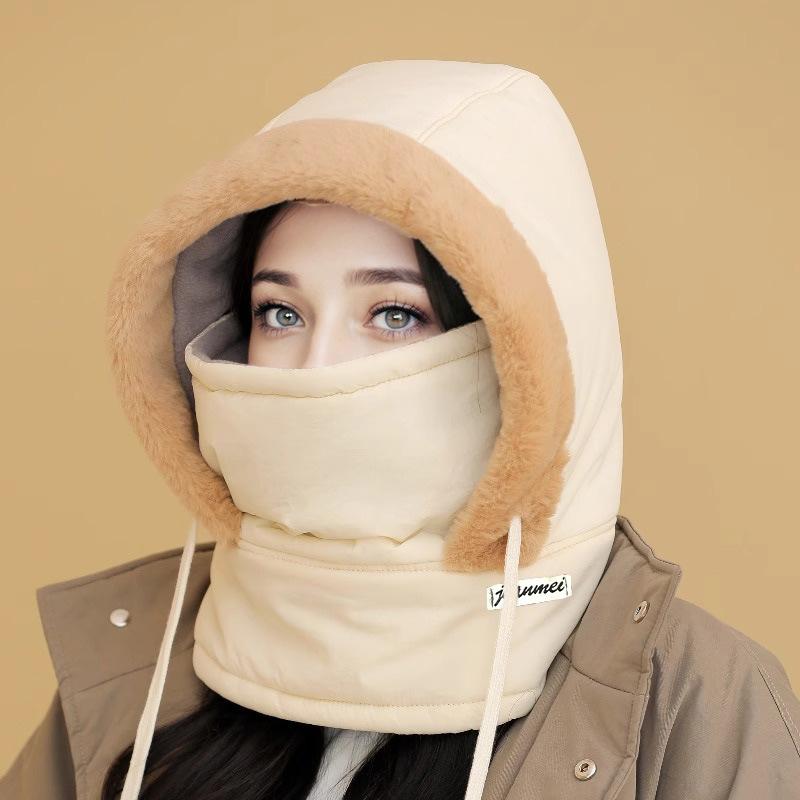 Winter Outdoor Cycling for Women's Cold Proof Scarf Integrated with Velvet and Versatile Warm Hat Men's Down Lei Feng Hat