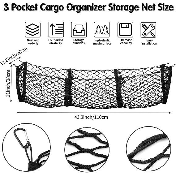 Tallew Cargo Net 3 Pocket Trunk Organizer Stretchable Trunk Mesh Cargo Net with Hooks Screws Buttonholes Black Mesh Trunk Grocery Storage Bag for