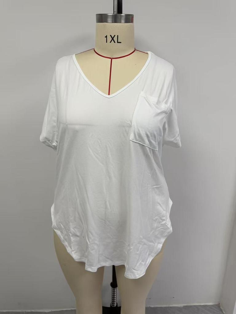 2026 Spring/Autumn Solid Color Plus Size Women's V-neck Short Sleeve Loose Pullover Top