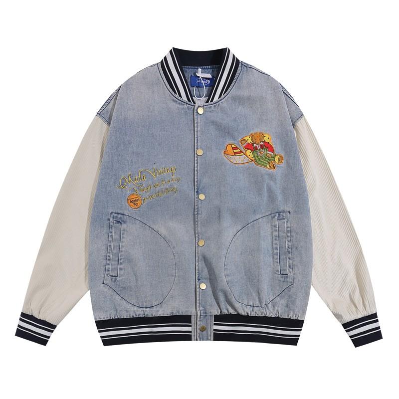 Unisex Oversized Denim Patchwork Baseball Jacket