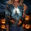 Women's Casual Halloween Print V-Neck Button Three-Quarter Sleeve T-Shirt