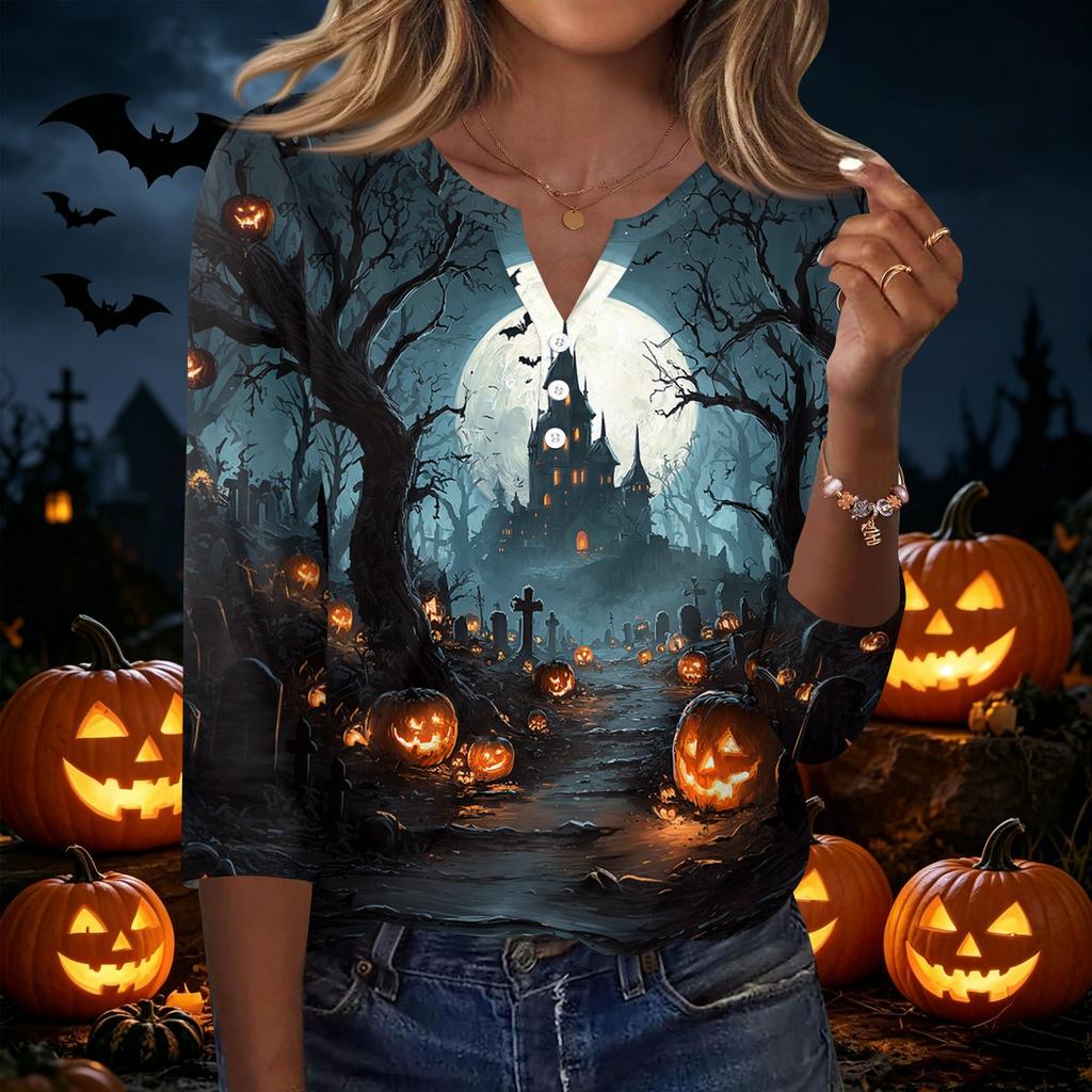 Women's Casual Halloween Print V-Neck Button Three-Quarter Sleeve T-Shirt